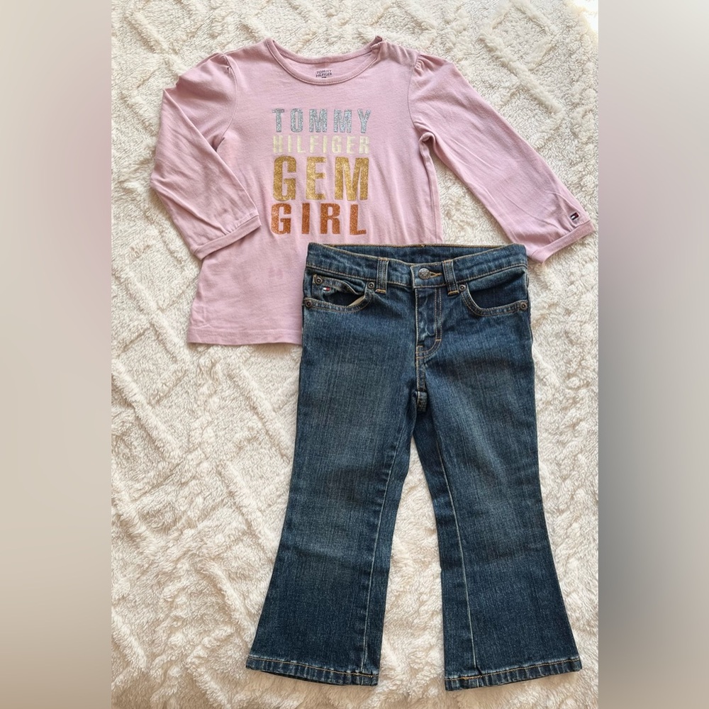 Tommy Hilfiger Girls Outfit Set Pink Logo Top & Jeans Size 2T